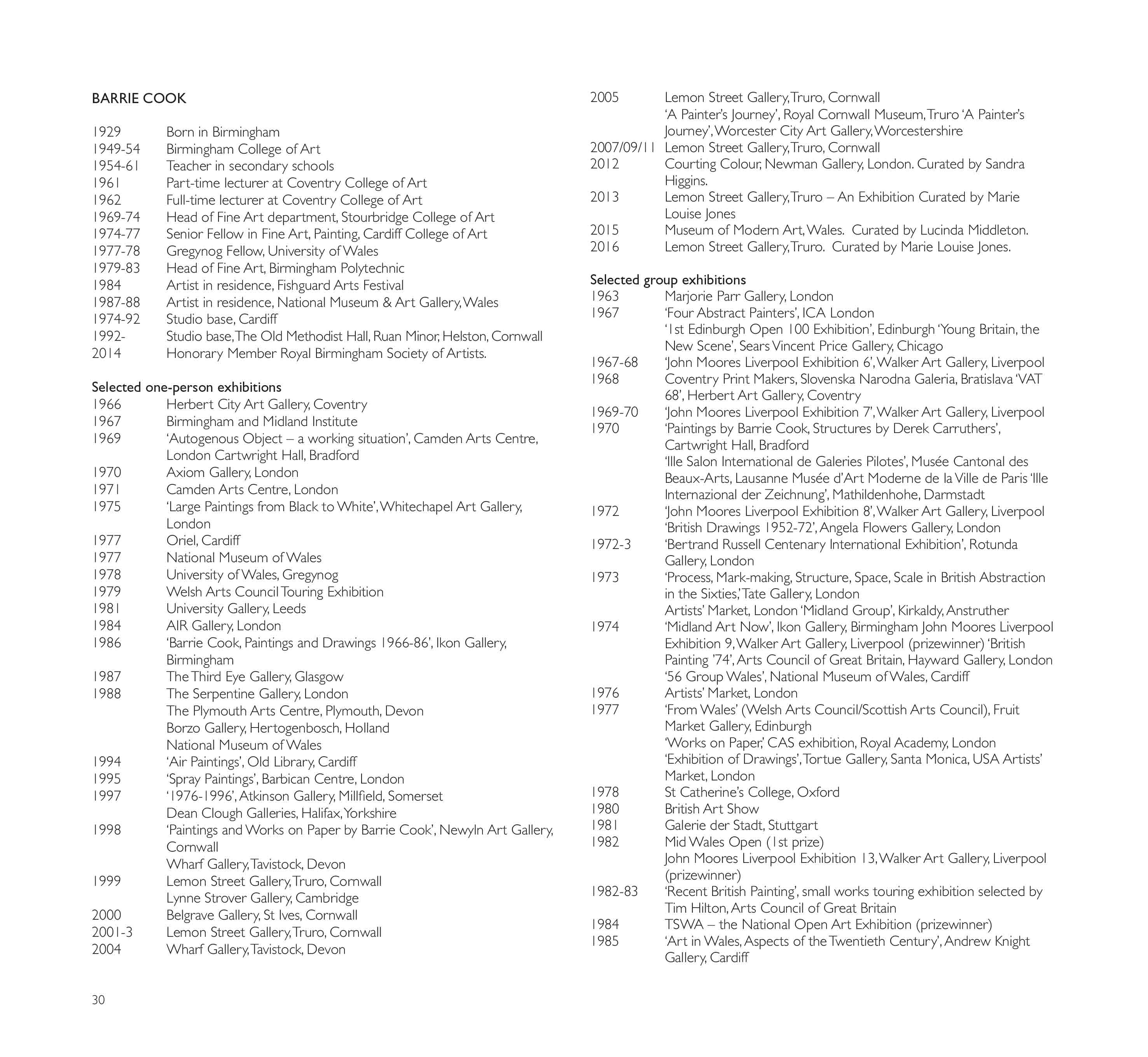 Barrie Cook publication page for Lemon Street Gallery