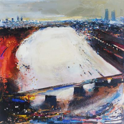 Kurt Jackson - Cormorants Fly Over Double Deckers, 2005. Oil and Mixed Media on Canvas, 122x122cm.