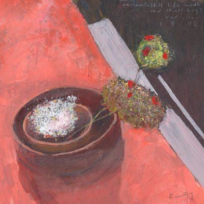 Terracotta Still Life, With Red Shield Bug. Var, France. 1.8.02 Mixed media on paper 16 x 16cms, by Kurt Jackson