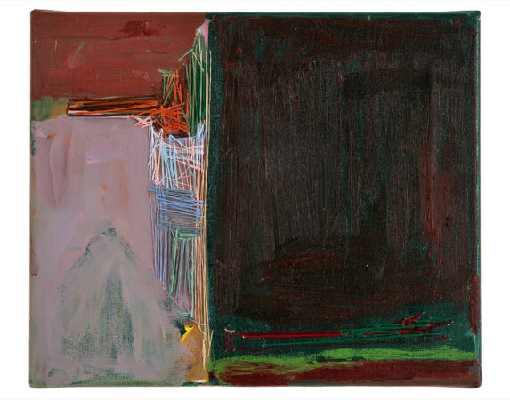 Sara Marlowe Hall, Island View from the Window, Acrylic, Mixed Media, Cotton & Poly Threads on Canvas, 25.5x30.5cm