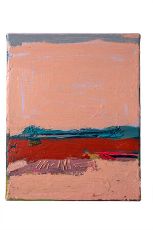 Sara Marlowe Hall, Pink Sky and Rusty Rocks, 2026, Acrylic, Oil Stick, Mixed Medium, Cotton & Poly Threads on Canvas, 25.5 x 20 x 1.5d cm