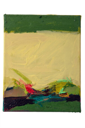 Sara Marlowe Hall, Pistachio Orchard, 2026. Acrylic, Oil Stick, Mixed Medium, Cotton & Poly Threads on Canvas, 25.5 x 20 x 1.5d cm