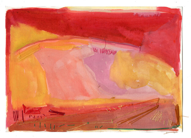 Sara Marlowe Hall, Sunset Cliffs, Watercolor on paper with cotton thread, 20x15cm