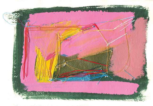 Sara Marlowe Hall, Through the Sky, Acrylic on cotton handmade paper with cotton thread, 20x15cm