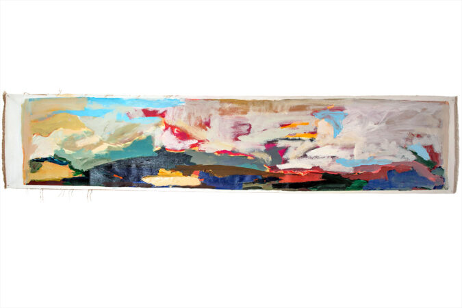Sara Marlowe Hall, White Clouds Over Aegina, Acrylic, Mixed Media on Linen, 44 x 214cm